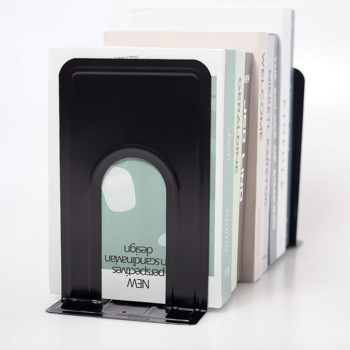 8 Pairs 16 Pieces 8.3 x 5.1 x 6.5 Inch Metal Bookends, KINJOEK Heavy Duty Book Support with Anti Slip Pads for Books, Magazines, DVDs, Perfect for Home, Office, School, Library, Black