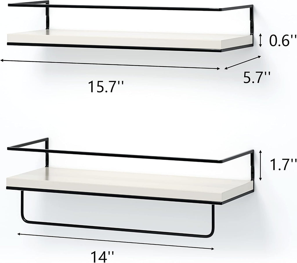 Shario White Floating Shelves - Set of 2, Wall Mounted Hanging Shelves with Black Towel Rack, Decorative Storage Shelves for Bathroom, Kitchen, Living Room & Bedroom (Modern White, 15.7 Inches)