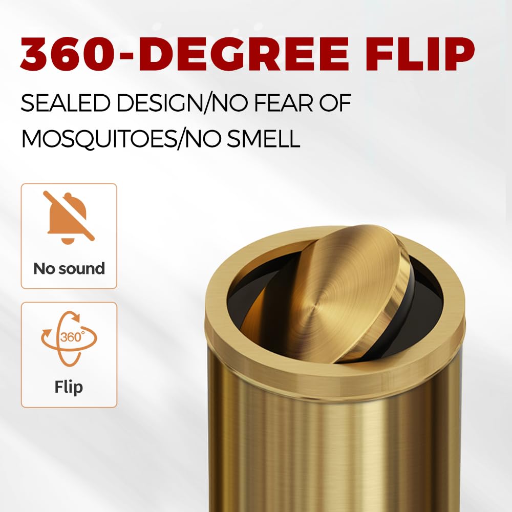 18L/4.7GAL Gold Bathroom Trash Can with Lid,Brass Garbage Can with Flipping Lid,Brushed Stainless Steel for Bedroom,Living Room,Office,Guest Room (4.7gal-Gold)