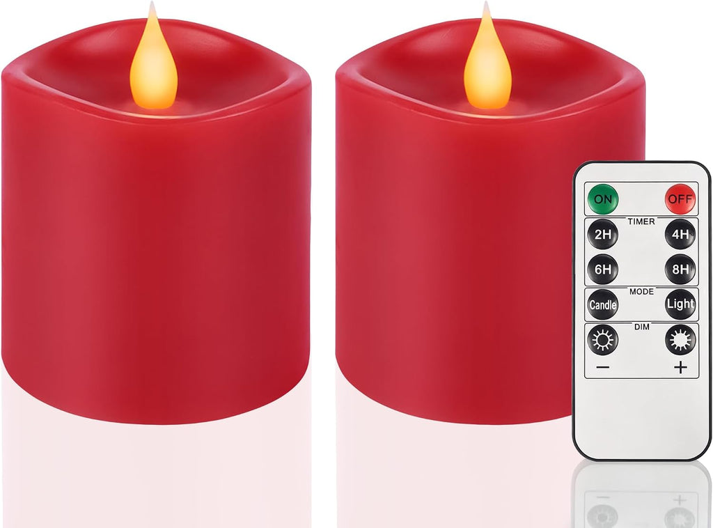 Red Flameless LED Candles 3 inch Diameter Real Wax 2AA Battery Operated 600hr+ Flickering Candles with Timer Remote Control for Halloween Thanksgiving Christmas Wedding Indoor (Red, 3″×3″- 2 PCS)