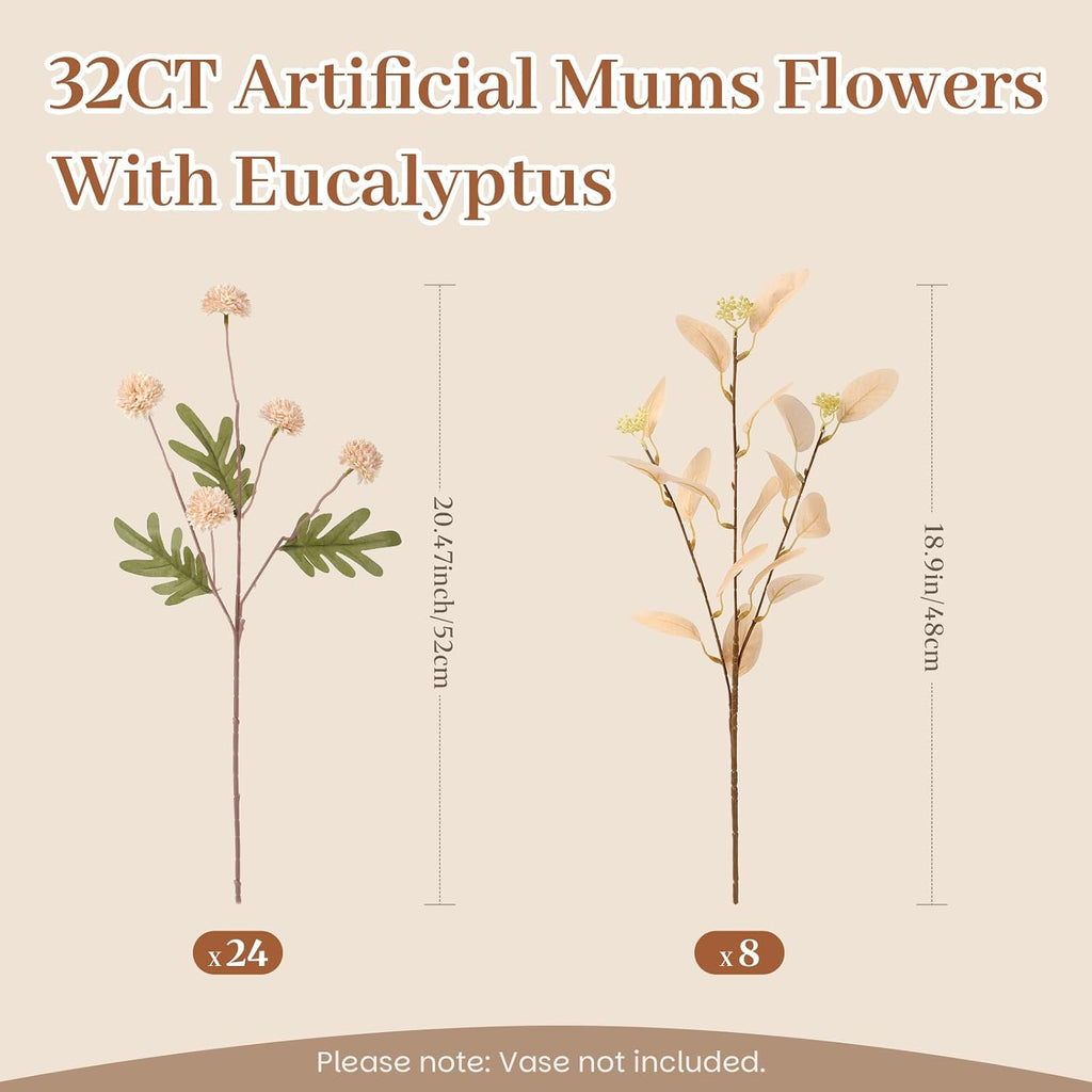 Alupssuc 32 Pcs Beige Faux Silk Mums, Fake Chrysanthemum for Vase