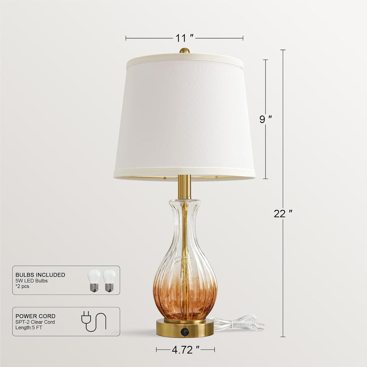 Oneach 22" Amber Glass Table Lamps with Fairy Light for Bedroom Nightstands