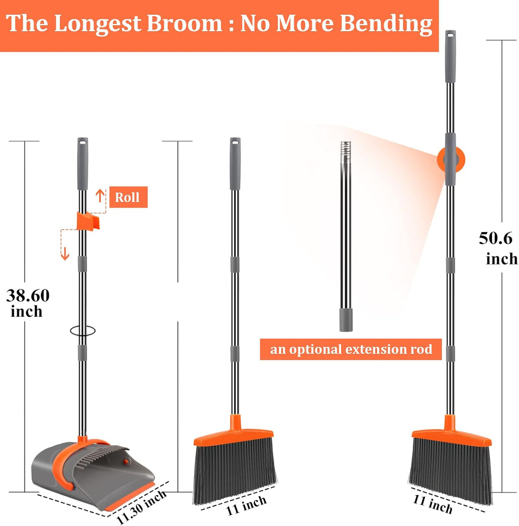 Broom and Dustpan Set for Home, 2 Set Broom and Dustpan Combo Set Orange&Green