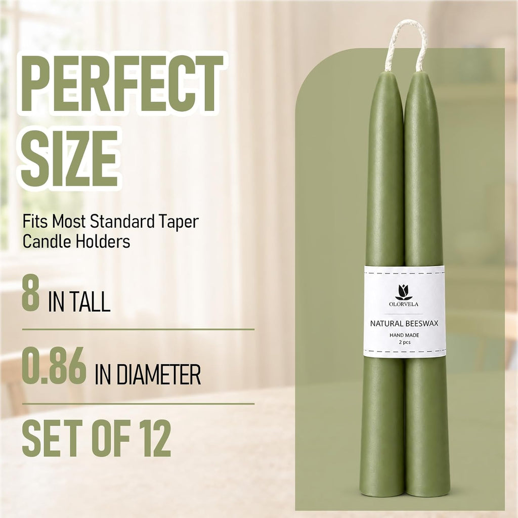 Green Beeswax Taper Candles,8" Long Candlestick,smokeless dripless unscented Natural Beeswax Candles.for Gift,Mother's Day (Green, 12 Pack)