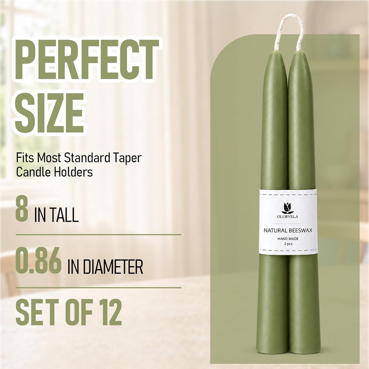 Green Beeswax Taper Candles,8" Long Candlestick,smokeless dripless unscented Natural Beeswax Candles.for Gift,Mother's Day (Green, 12 Pack)
