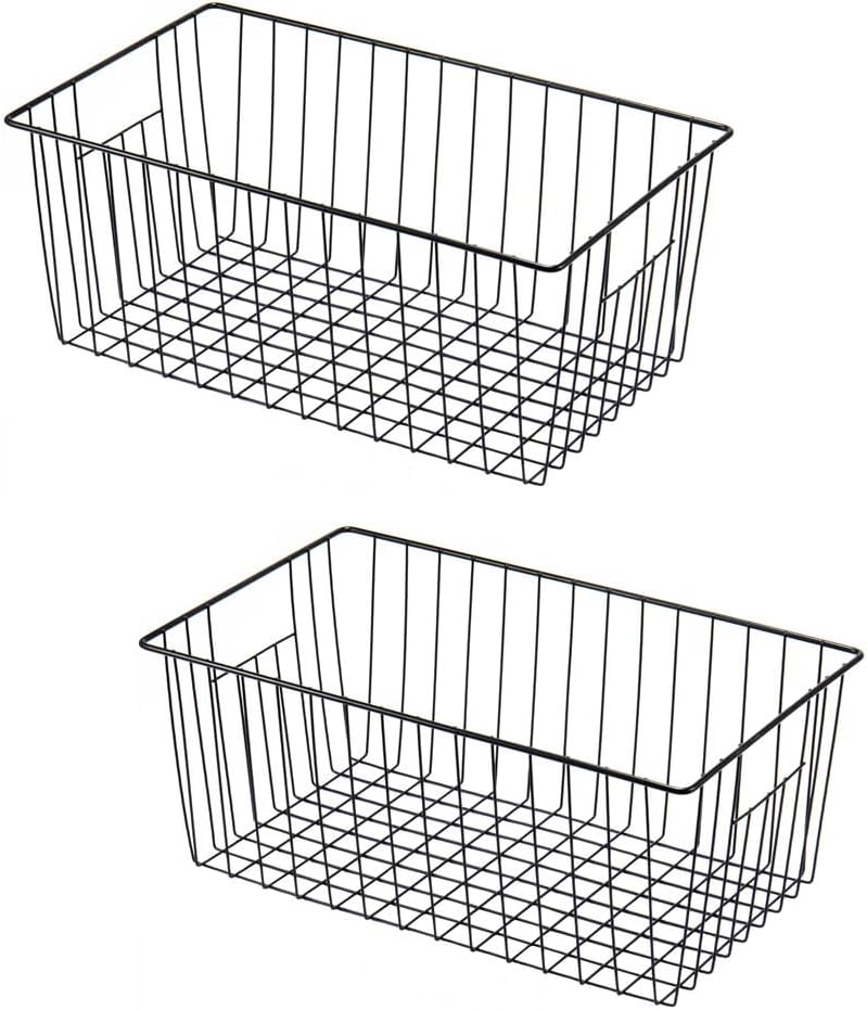 16" L x 12" W Wider Freezer Storage Organizer Baskets Container, Deep Metal Wire Chest Upright Refrigerator Divider Bins with Built-in Handles for Cabinet, Pantry, Closet, Kitchen, Black