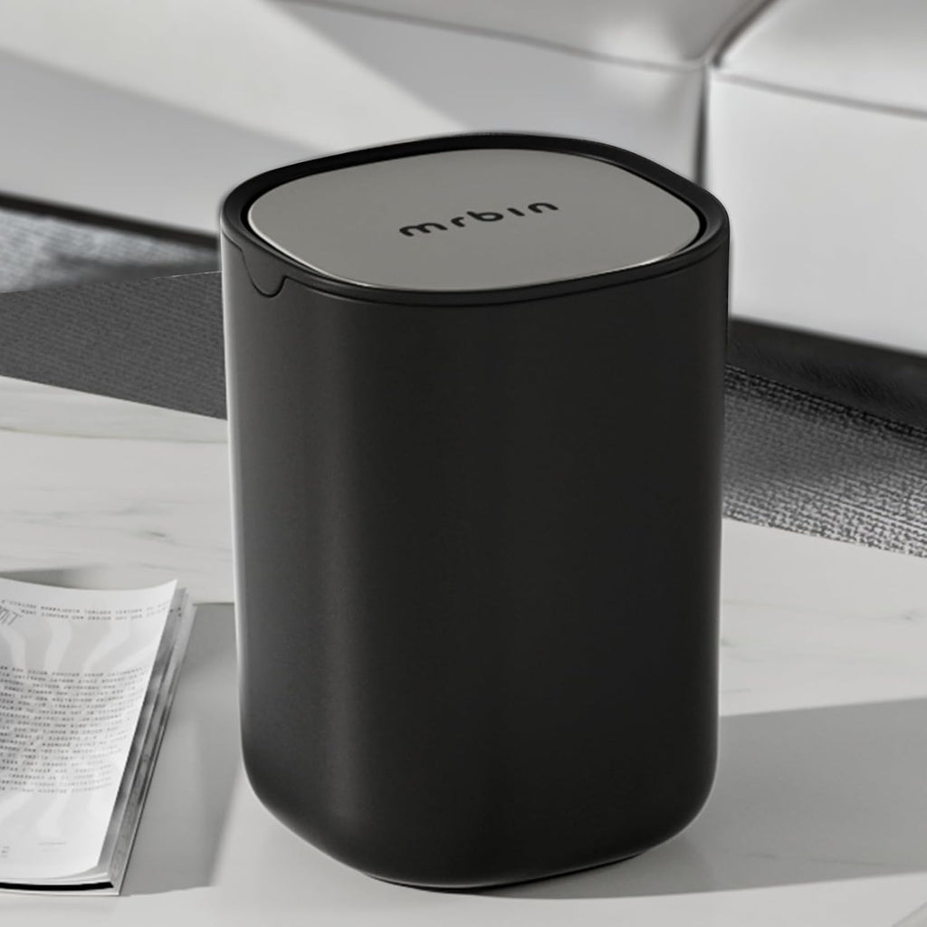 MRBIN Desk Mini Car Trash Can, 0.4 Gallon Table Top Plastic Waste Basket with Stainless Steel Lid, Small Garbage Bin for Bedroom, Coffee Bar, Vanity Countertop, Black