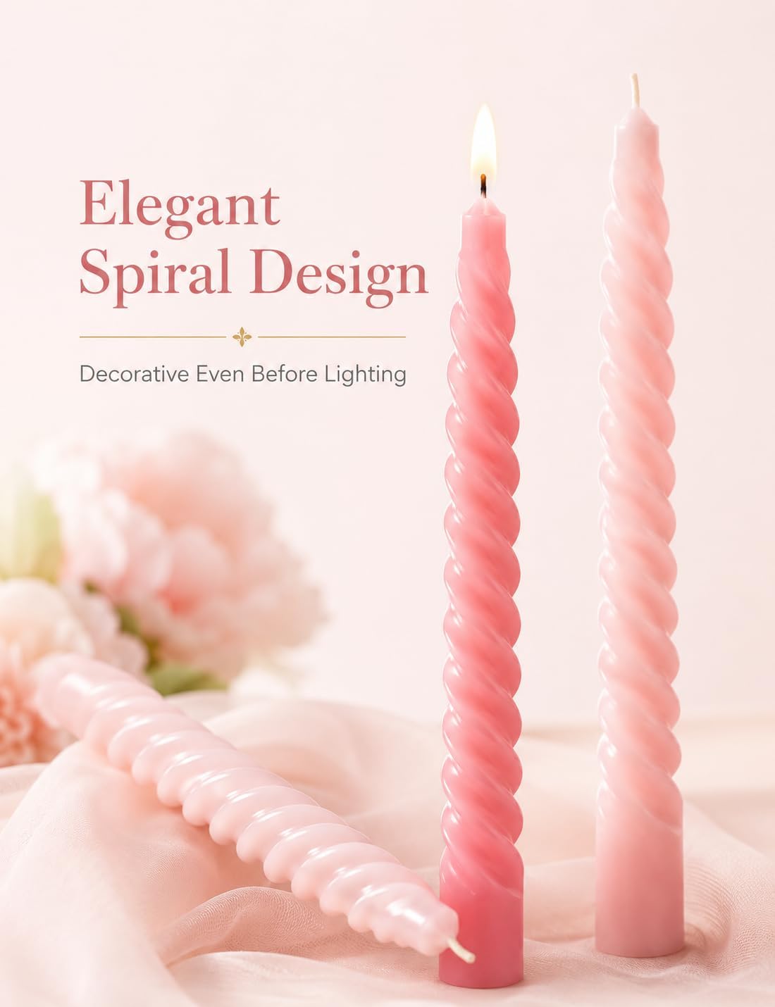 10 Inch Gradient-Pink Spiral Taper Candle Set, 6 Pack Unscented Dripless Candlesticks for Wedding, Holiday Décor, and Festive Dinners