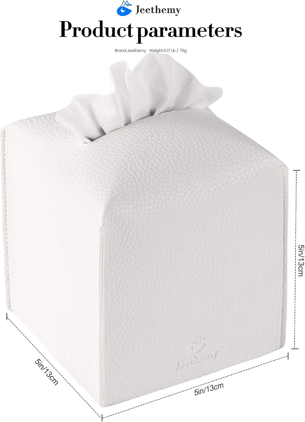 Tissue Box Cover, Jeethemy Square PU Leather Tissue Box Holder, Modern Tissue Case Facial Paper Organizer Dispenser，5X5X5'',Three White