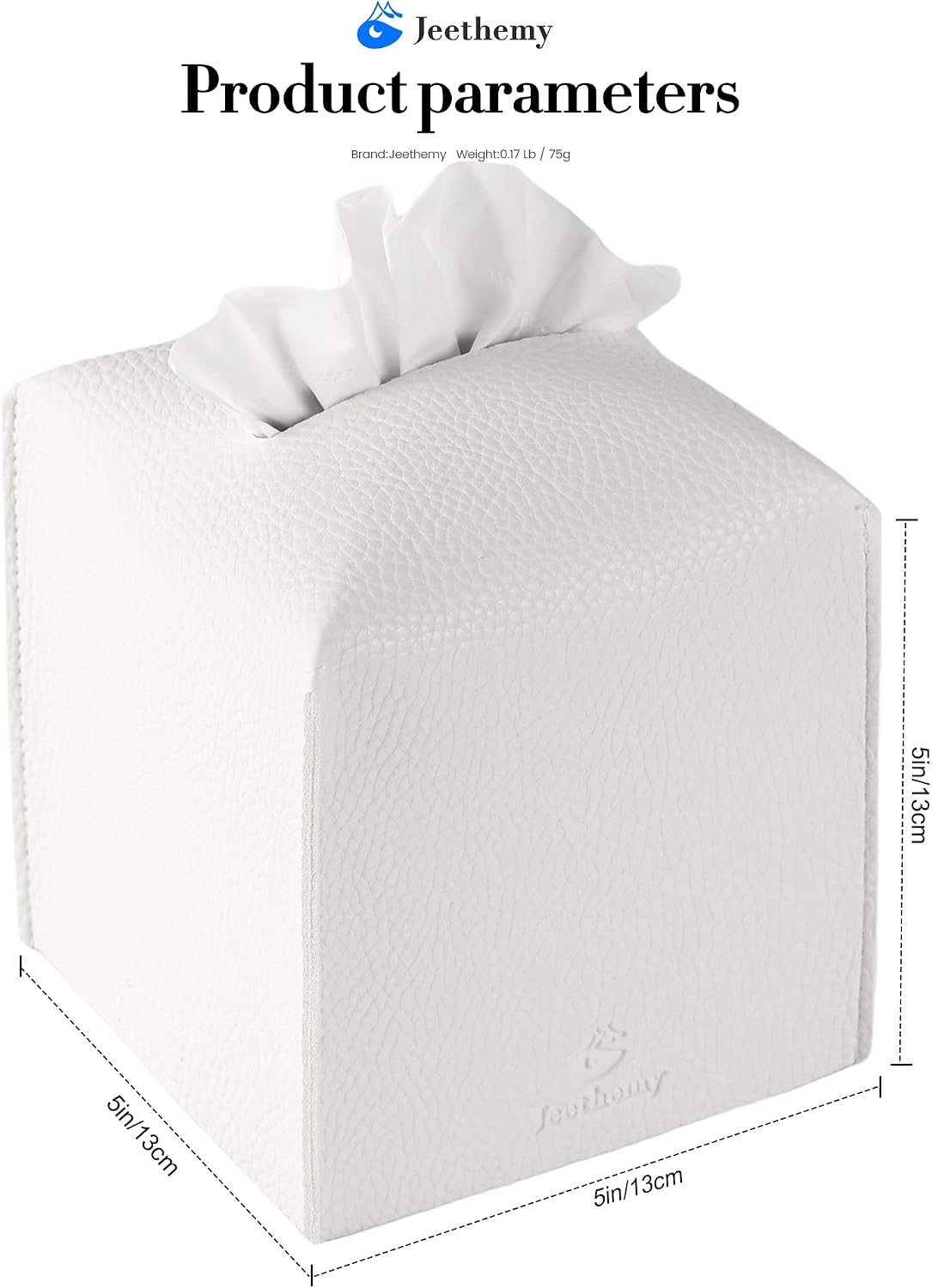 Tissue Box Cover, Jeethemy Square PU Leather Tissue Box Holder, Modern Tissue Case Facial Paper Organizer Dispenser，5X5X5'',Three White