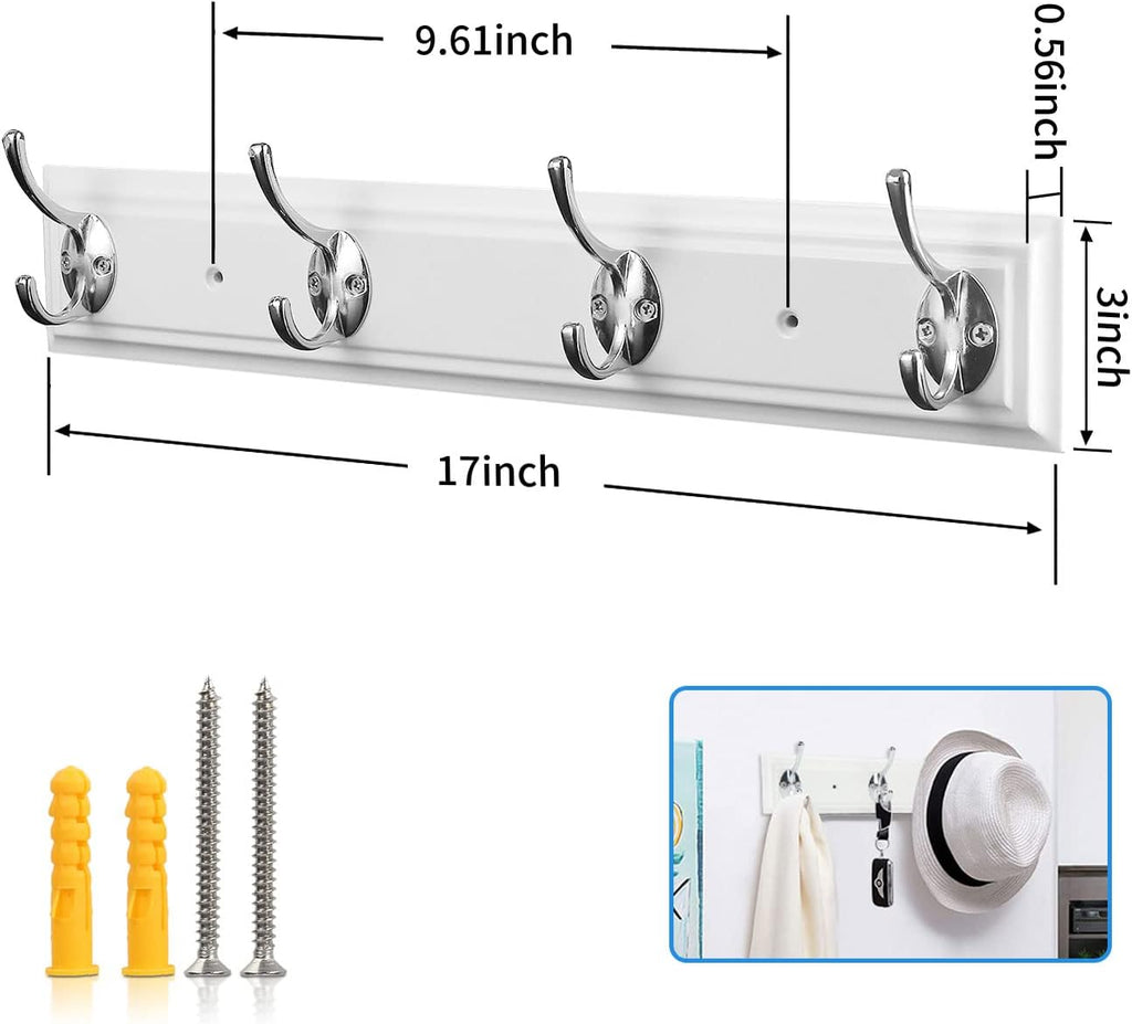 Coat Rack Wall Mounted White, 17" Wooden Modern Wall Coat Hanger with 4 Hooks, Heavy Duty Zinc Alloy Wall Hook Rack for Hanging Coats, Keys, Bags, Great Touch for Bedroom Bathroom Kitchen