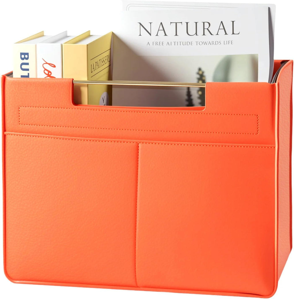 Leather Magazine Holder Foldable with Handles，Stable Magazine Rack Floor