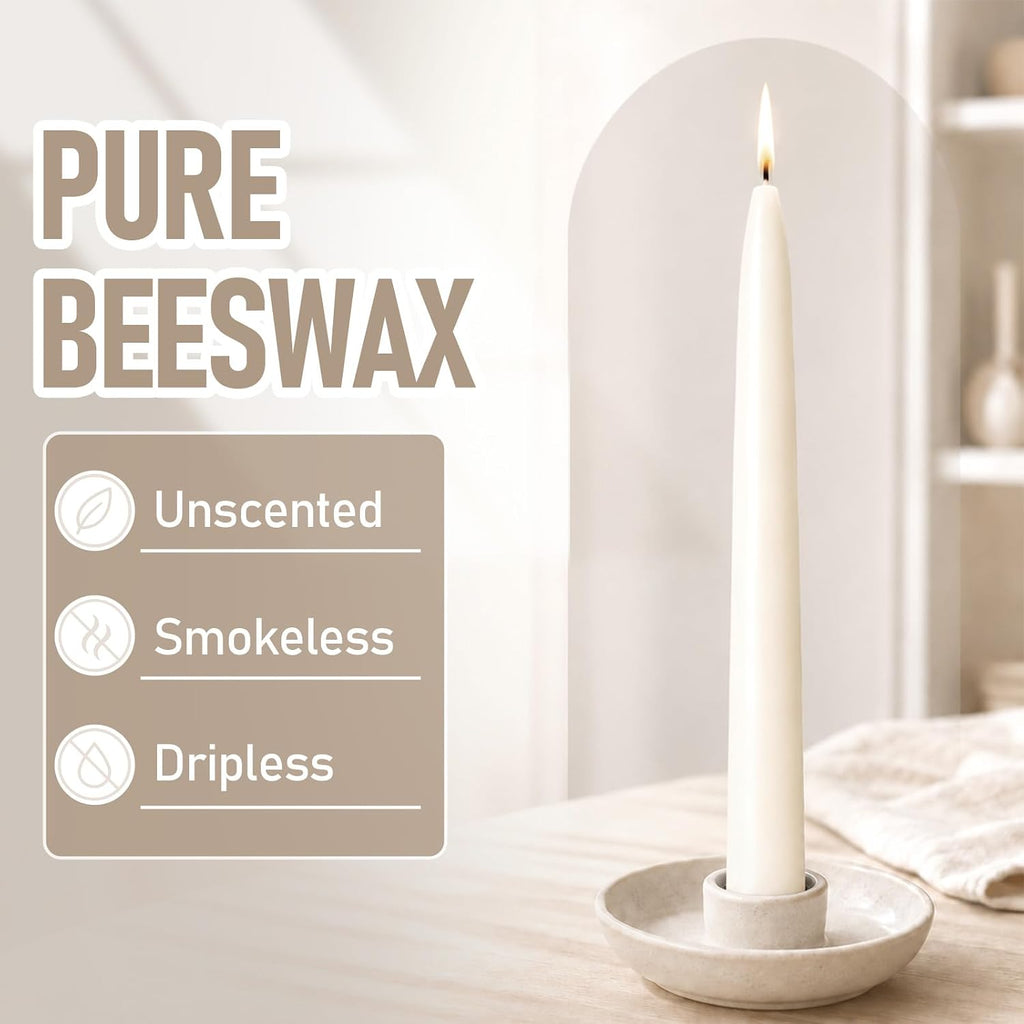 White Beeswax Taper Candles,8" Long Candlestick,smokeless dripless unscented Natural Beeswax Candles.for Gift,Mother's Day (White, 12 Pack)