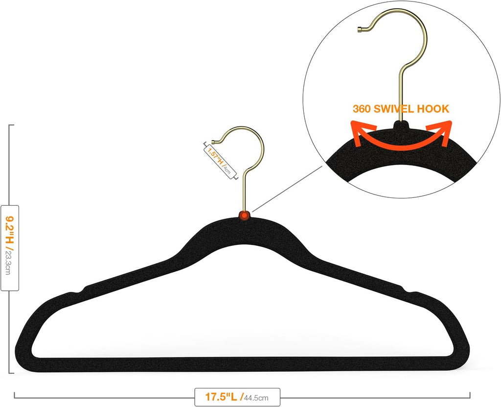 Korpai 50 Pack Black Velvet Hangers,Felt Hangers with Gold 360°Swivel Hook,Coat Hanger Non Slip,Heavy-Duty,Space Saving,Slim Clothes Hangers for Pants,Outfit,Skirts,Suits,Coats,Dresses ect.