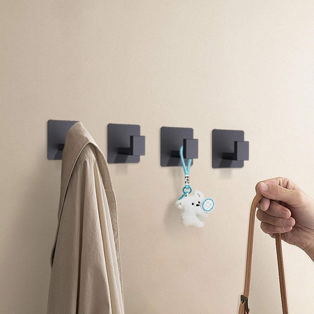 Black 4 Pack Self Adhesive Wall Hooks,Stainless Steel Stick On Towel Hook,Sturdy No Drilling Robe Hook,Heavy Duty Clothes Hanger Hook,Square Wall Hooks for Bathroom Bedroom Kitchen
