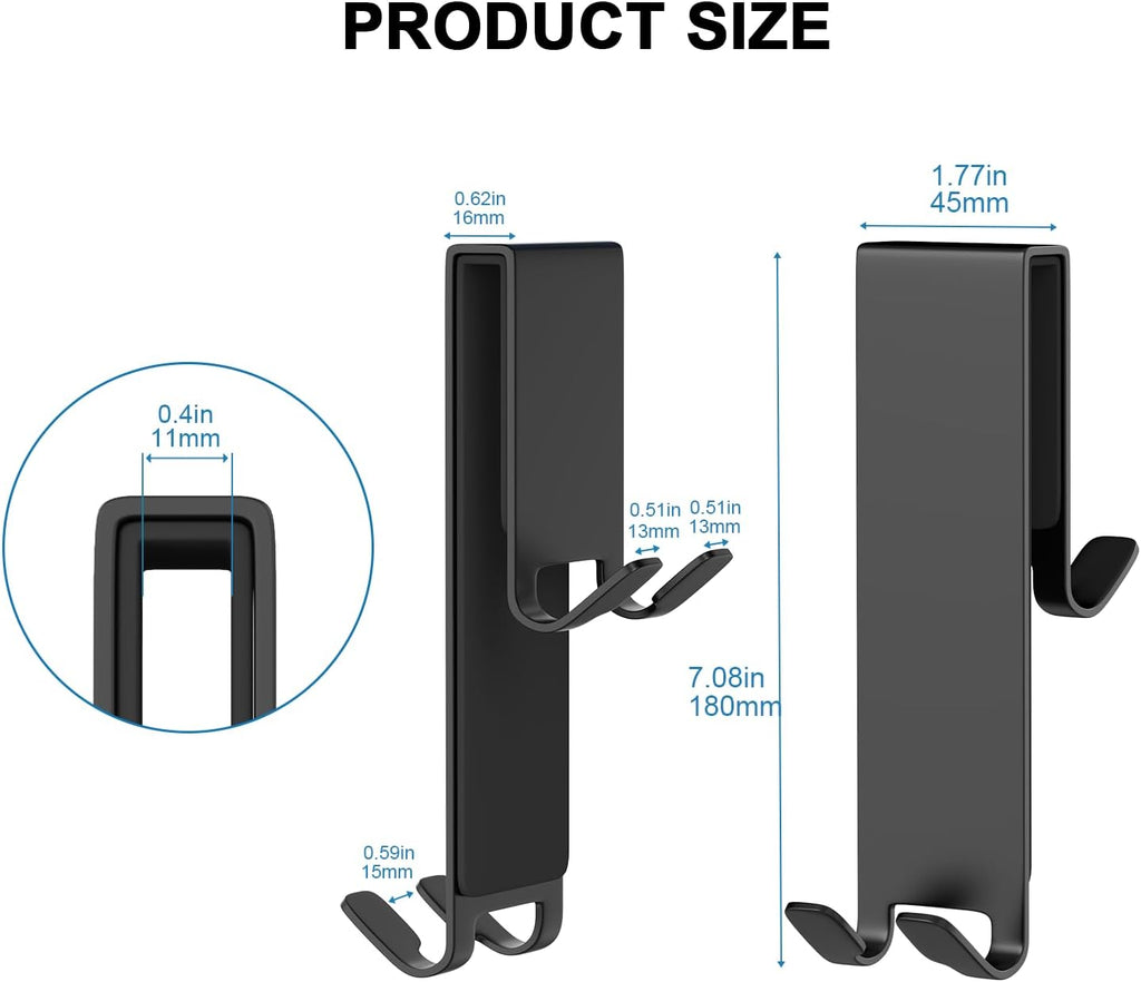 Double-Sided Over The Door Hooks 2-Pack - for Frameless Glass Showers, Heavy Duty No Drill Organizer for Towels Robes, Space Saving Black