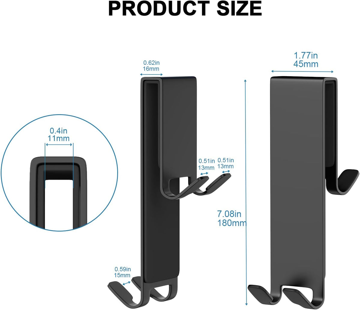 Double-Sided Over The Door Hooks 2-Pack - for Frameless Glass Showers, Heavy Duty No Drill Organizer for Towels Robes, Space Saving Black