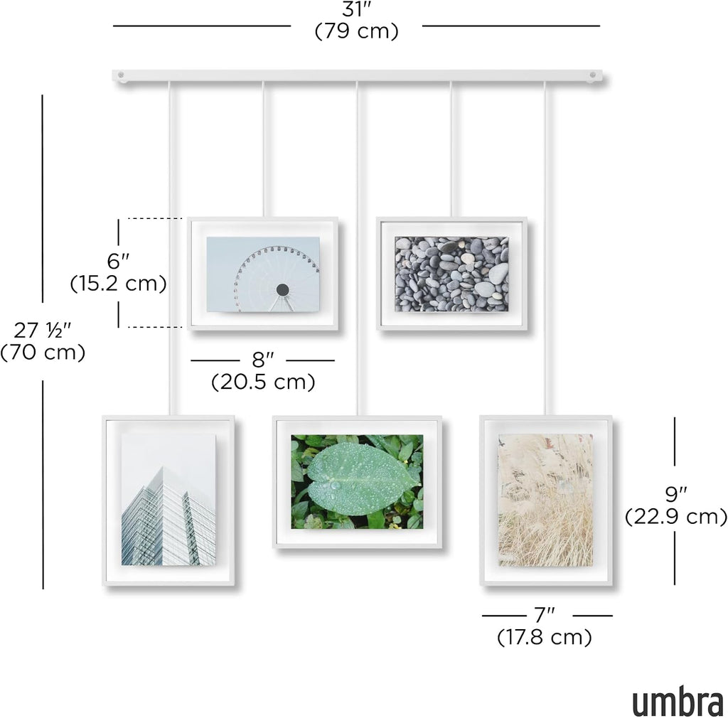 Umbra Exhibit Picture Frame Gallery Set, Adjustable Wall Collage Displays Five Photos (Two 4x6 and Three 5x7), Set of 5, White