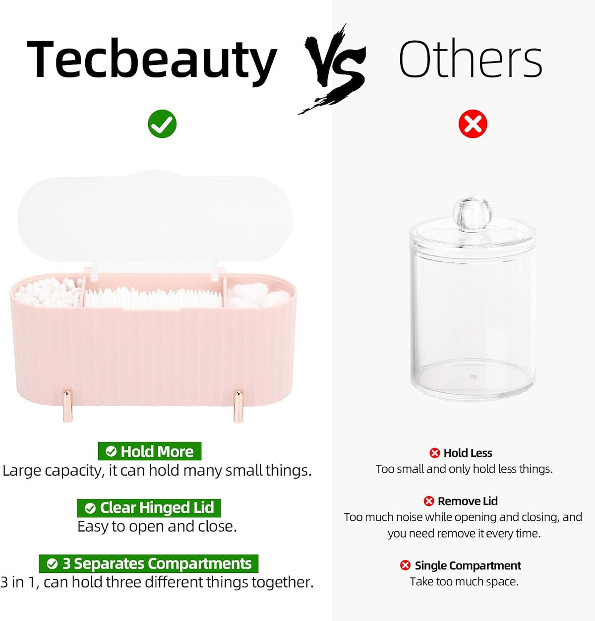 Tecbeauty Qtips Holder, 3 Grids Separate Cotton Swabs Ball Dispenser, Storage Box, Jar for Cotton Pads Bathroom Organizer Canisters - Pink