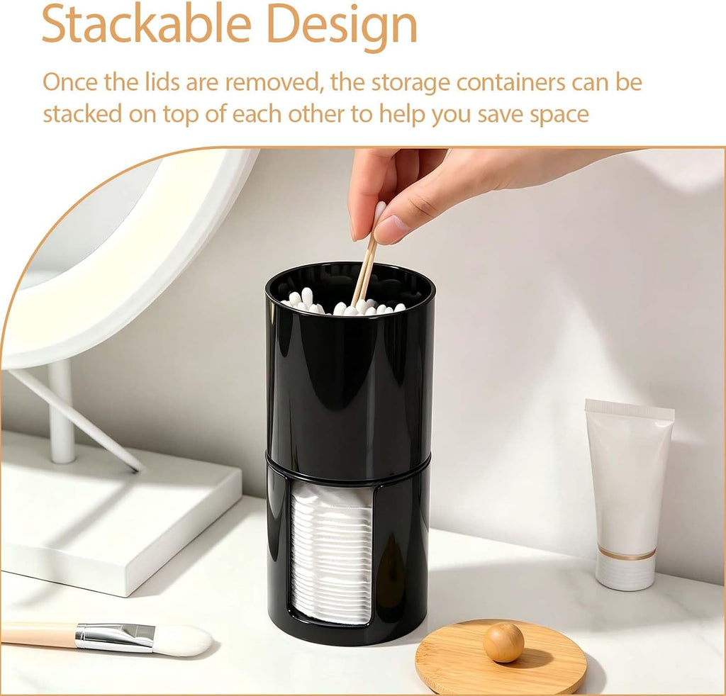 Qtip Holder Bathroom Set, 3Pcs Qtip Cotton Ball Organizers and Storage with Removable Dustproof Lid, Black Bathroom Container Set for Floss Picks, Cotton Swabs, Balls, Pads, q-Tip Holder