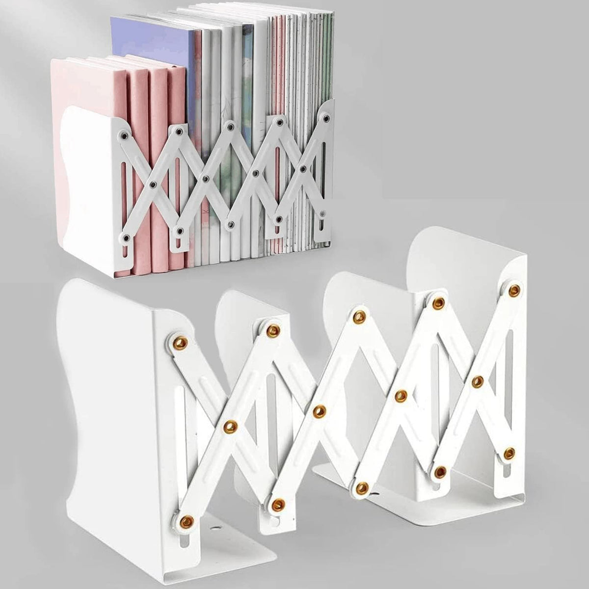Metal Bookends for Heavy Books, Sturdy Book Stopper to Hold Books Heavy Duty, Adjustable Book Ends for Office & School (White)