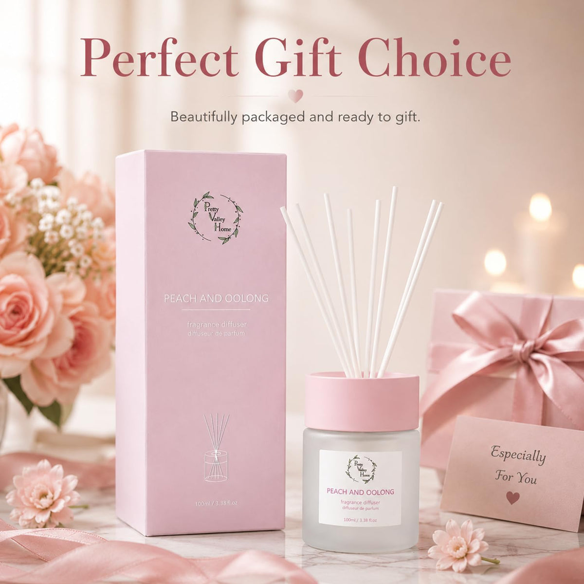 Reed Diffuser Set, Pretty Valley Home Diffuser 100Ml / 3.38fl OZ Gift Box - Includes Reed Diffuser Sticks, Fragrance Oil, and Glass Bottle for Bathroom Office Living Room Decor (White Peach & Oolong)