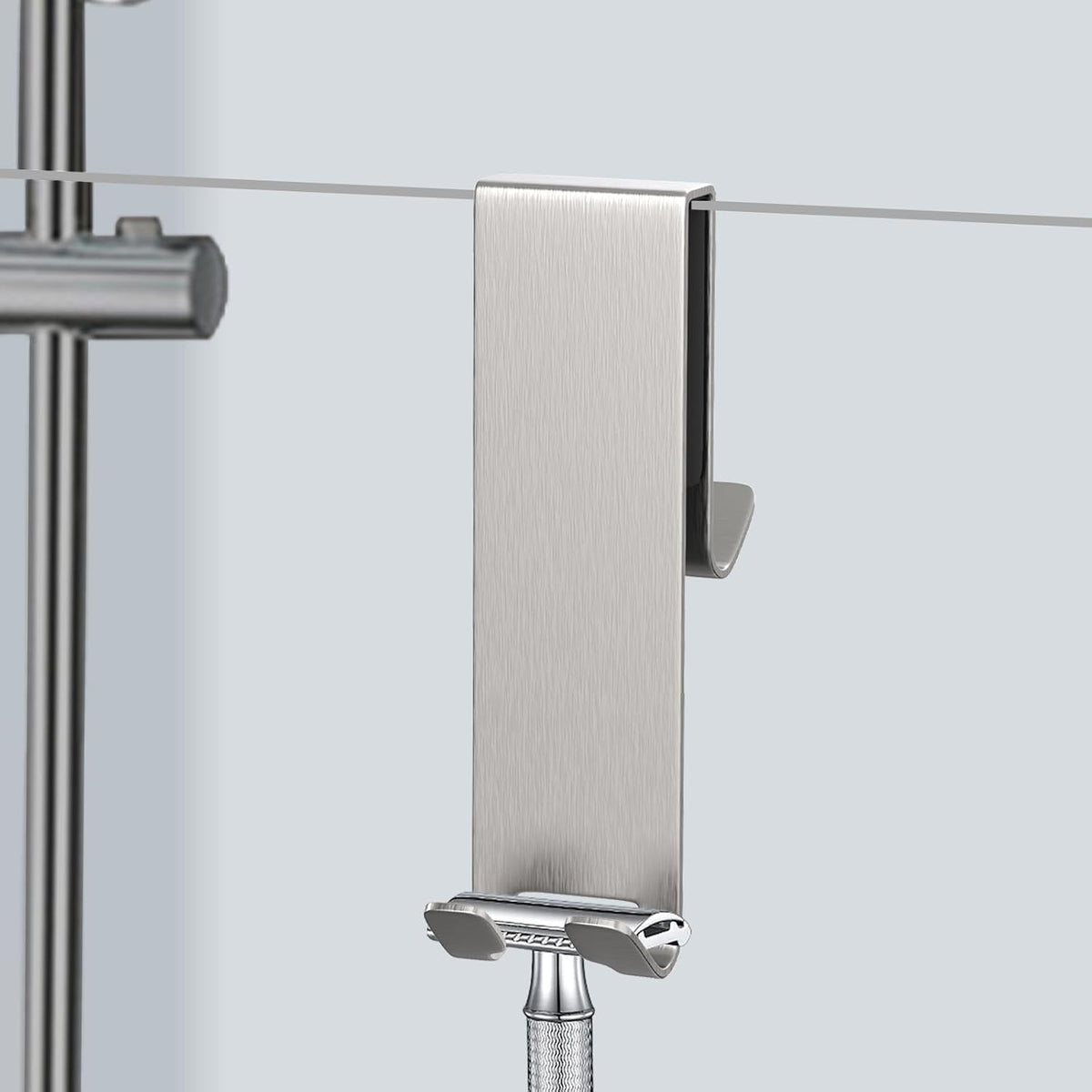 Double-Sided Over The Door Hooks 2-Pack - for Frameless Glass Showers, Heavy Duty No Drill Organizer for Towels Robes, Space Saving Silver