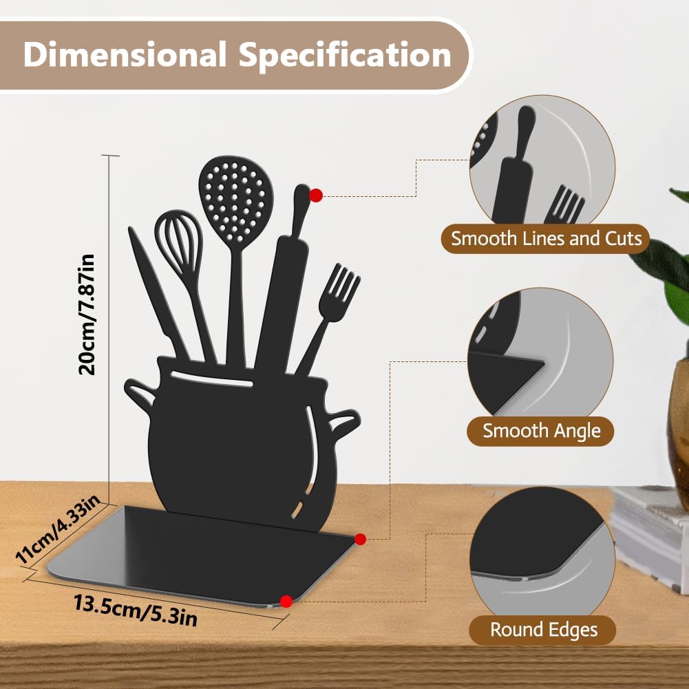 2pcs Large Kitchen Book Ends Spoon Decorative Cookbook Metal Bookends with Non-Slip Mat Cookbook Storage Books Stoppers Gift for Birthday(Black) Back to School