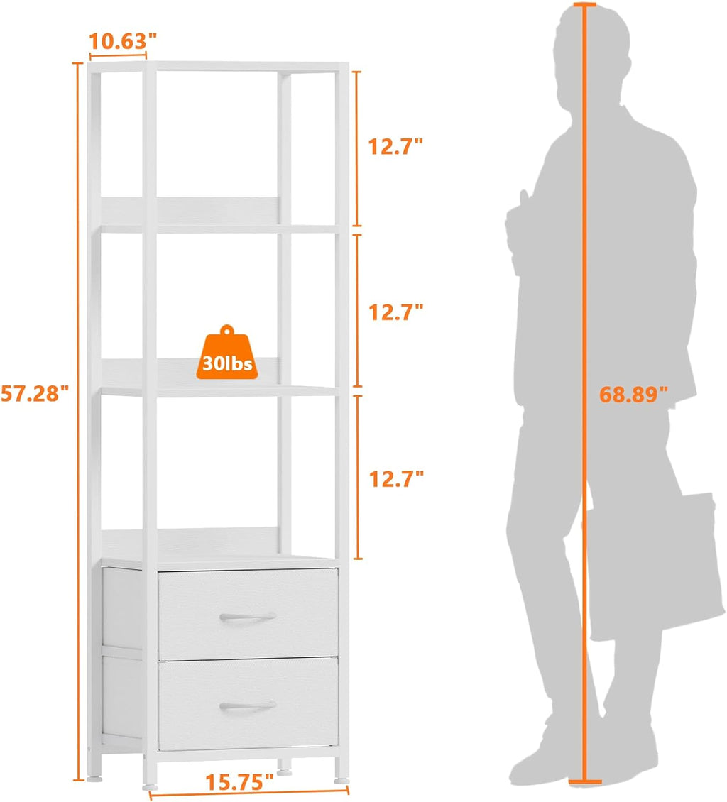 Furnulem 4-Tier Corner Shelf,White Narrow Bookshelf with 2 Storage Drawers