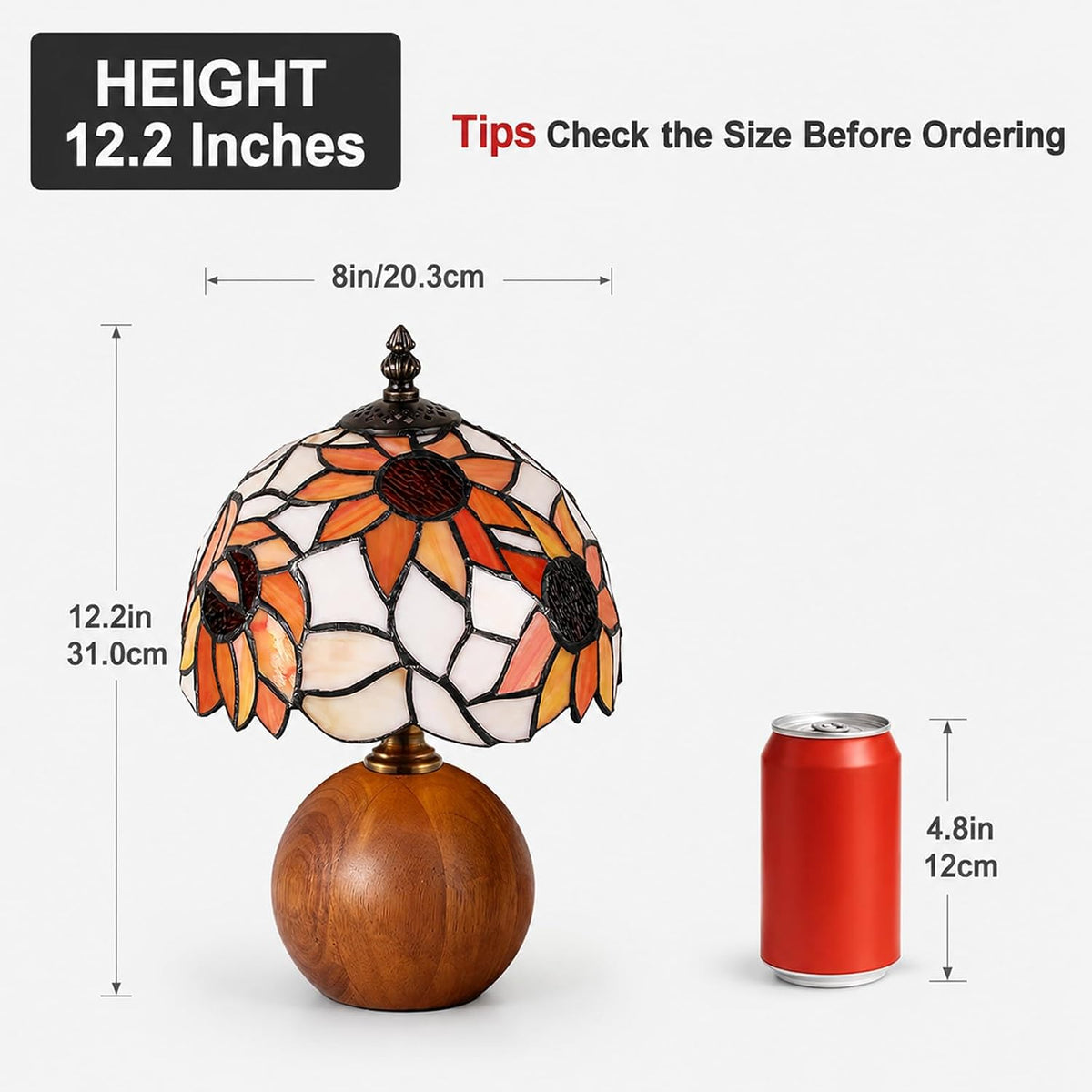 12.2" Retro Sunflower Tiffany Small Table Lamp with Wood Base