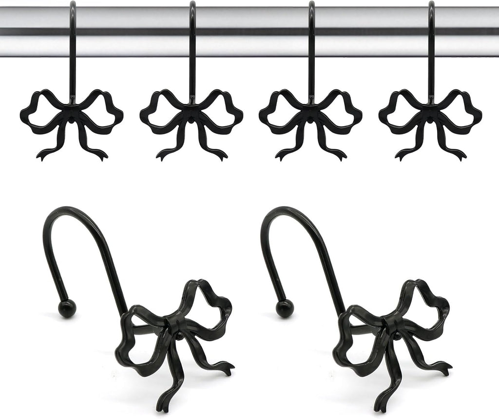 Bow Decorative Shower Curtain Hooks, Fashion Bowknot Shower Curtain Rings, Modern Bow Shower Curtain Hangers, 12PCS Shower Hooks for Shower Curtain, Home Decor, Bathroom, Bedroom, Living Room (Black)
