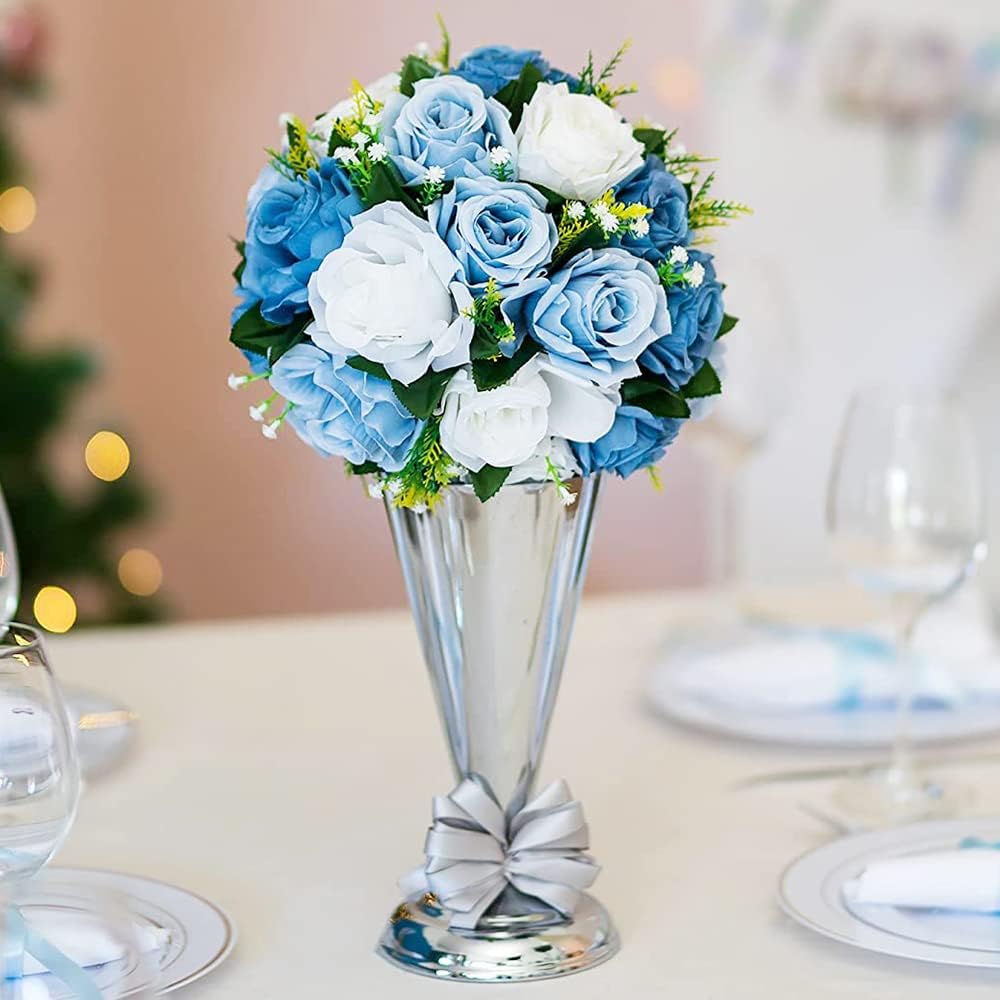 10Pcs Artificial Rose Balls for Centerpieces (Blue & White)