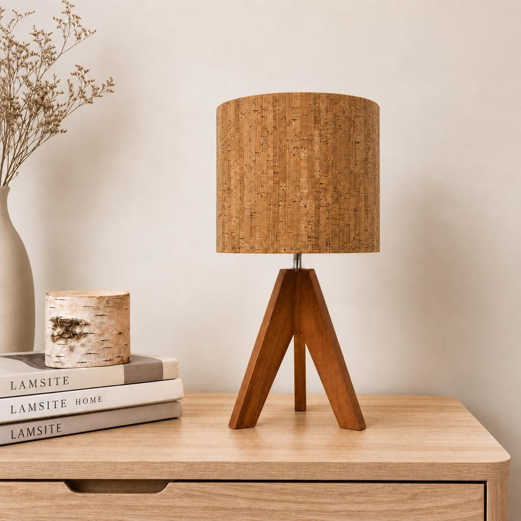 Natural Wood Tripod Table Lamp for Bedroom Nightstand