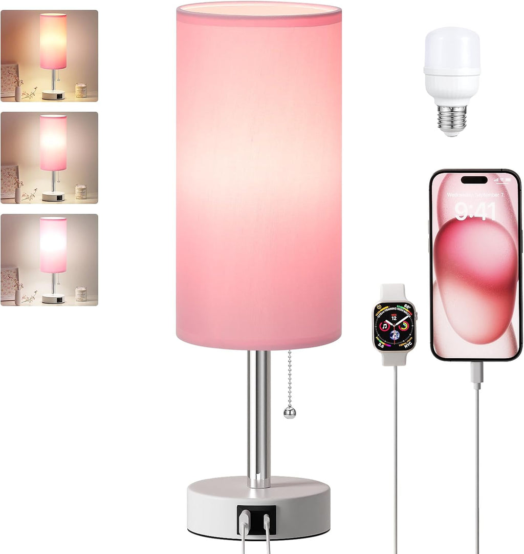 Dicoool Pink Bedside Table Lamp for Girls Bedroom - USB A+C Charging Ports