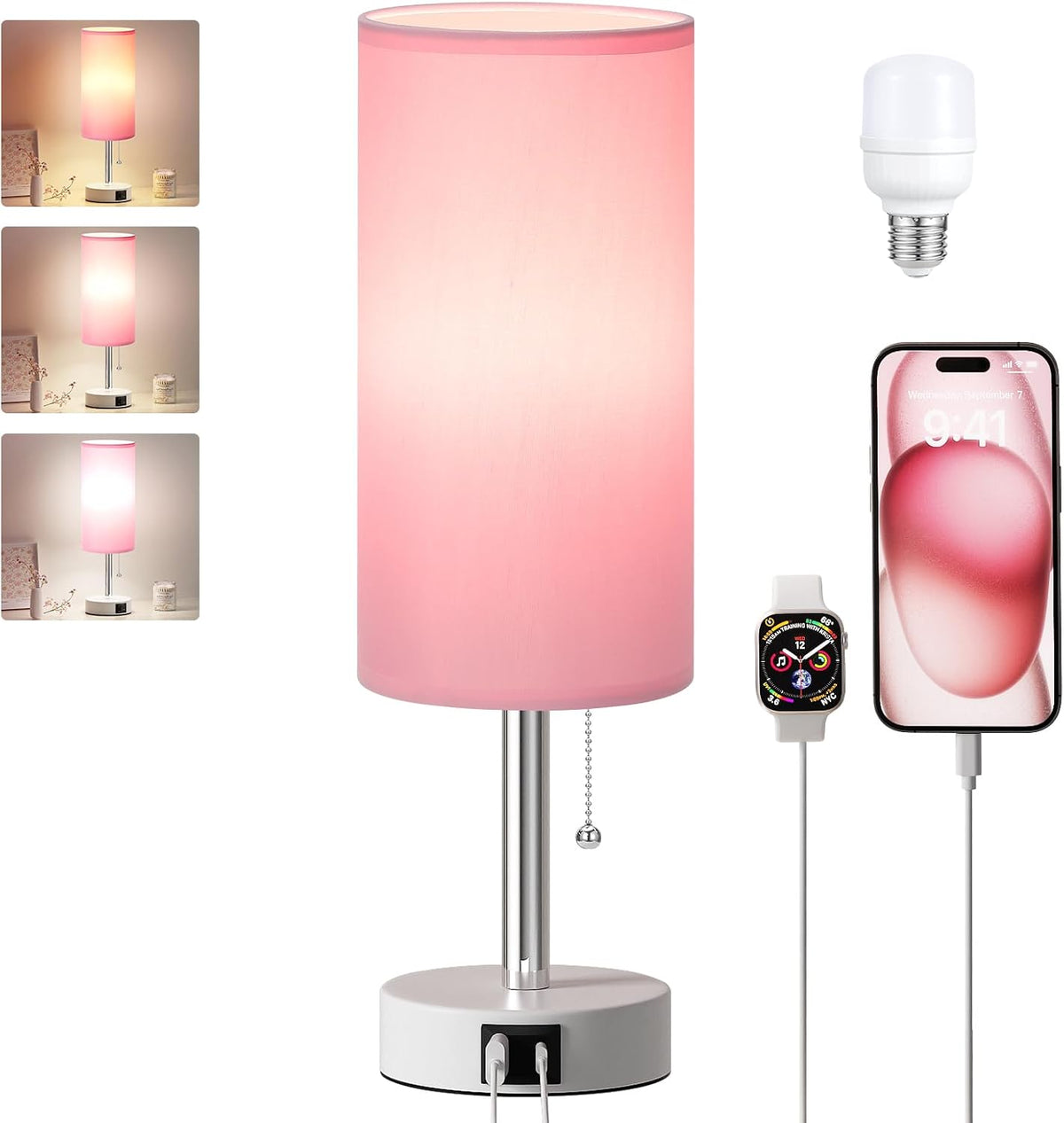Dicoool Pink Bedside Table Lamp for Girls Bedroom - USB A+C Charging Ports