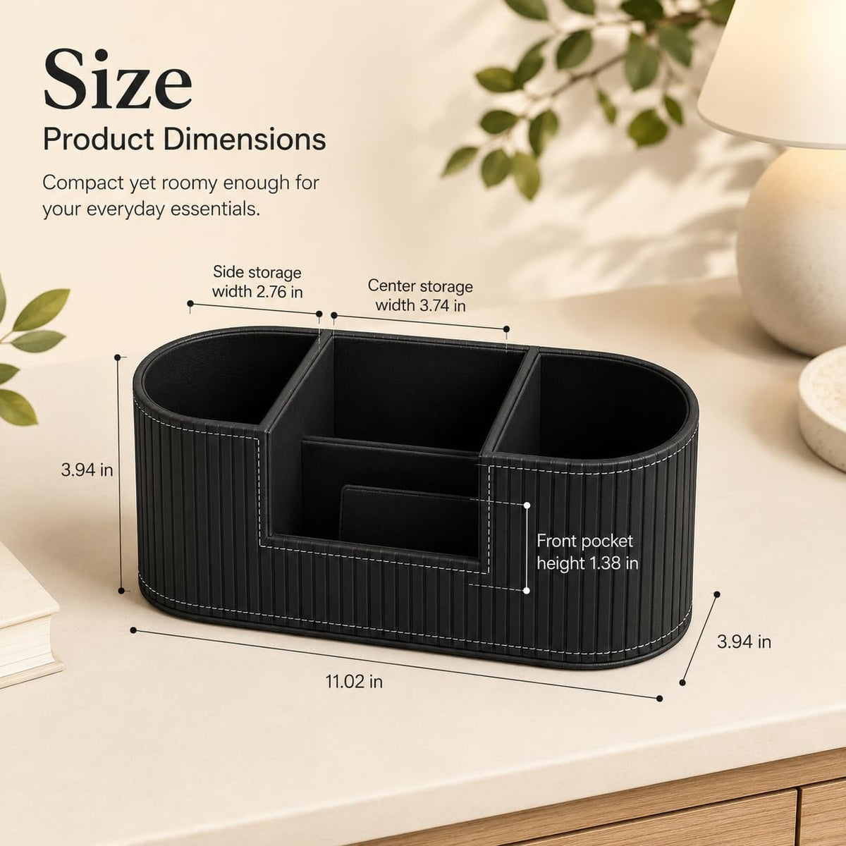 KINGFOM Modern Leather Desk Organizer for Men & Women, Aesthetic Office Desk Accessories Organizer, Faux Leather Vanity Organizer for Pens, Makeup Brushes, Remote Controls, Black Minimalist Desk Decor