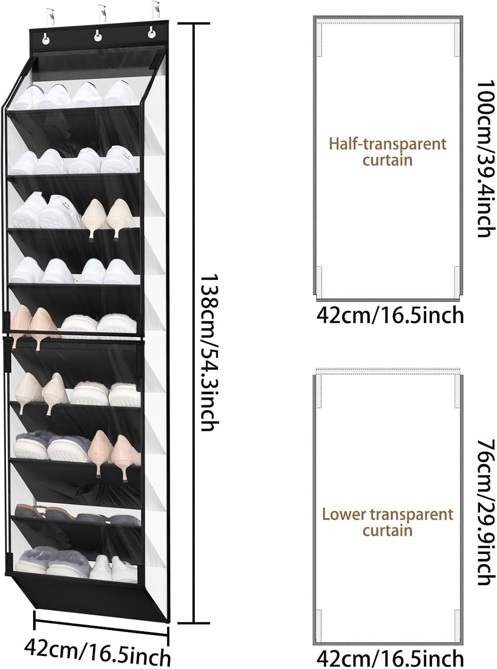 WERNNSAI Over the Door Shoe Organizer with Clear Curtain Dustproof, 9-Shelf Shoe Rack, Deep Pockets Large Hanging Shoes Rack for Closet Door Dorm Bedroom Guest Room Black