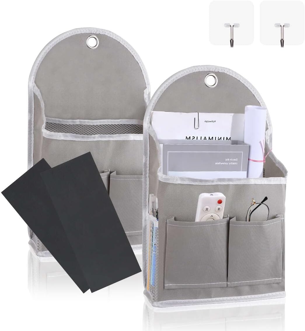 2 Pack Wall Hanging Storage Bag with Pockets, Locker Organizer Basket with Sticky Hook, Fabric Wall Organizer, Waterproof Hanging Bag for Closet Door Bedroom Bathroom Office Home Kitchen(Grey)