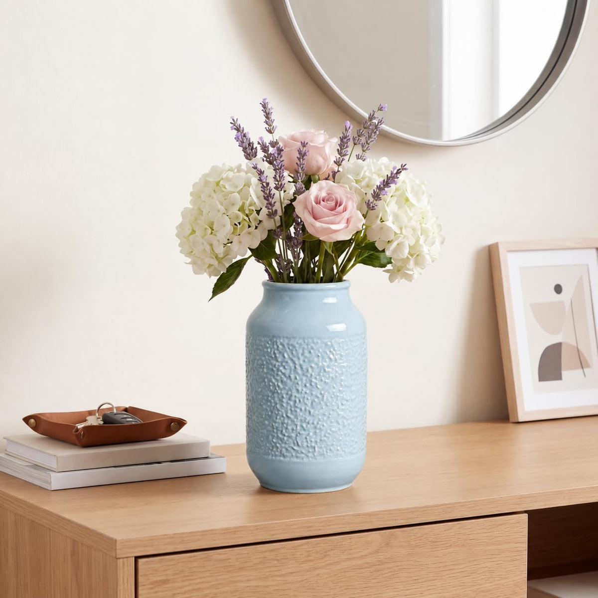 Blue Ceramic Vase for Home Decor - 9 Inch Textured Flower Vase for Table Centerpiece - Modern Decorative Pottery Vases for Flowers, Living Room, Shelf, Mantle Decor