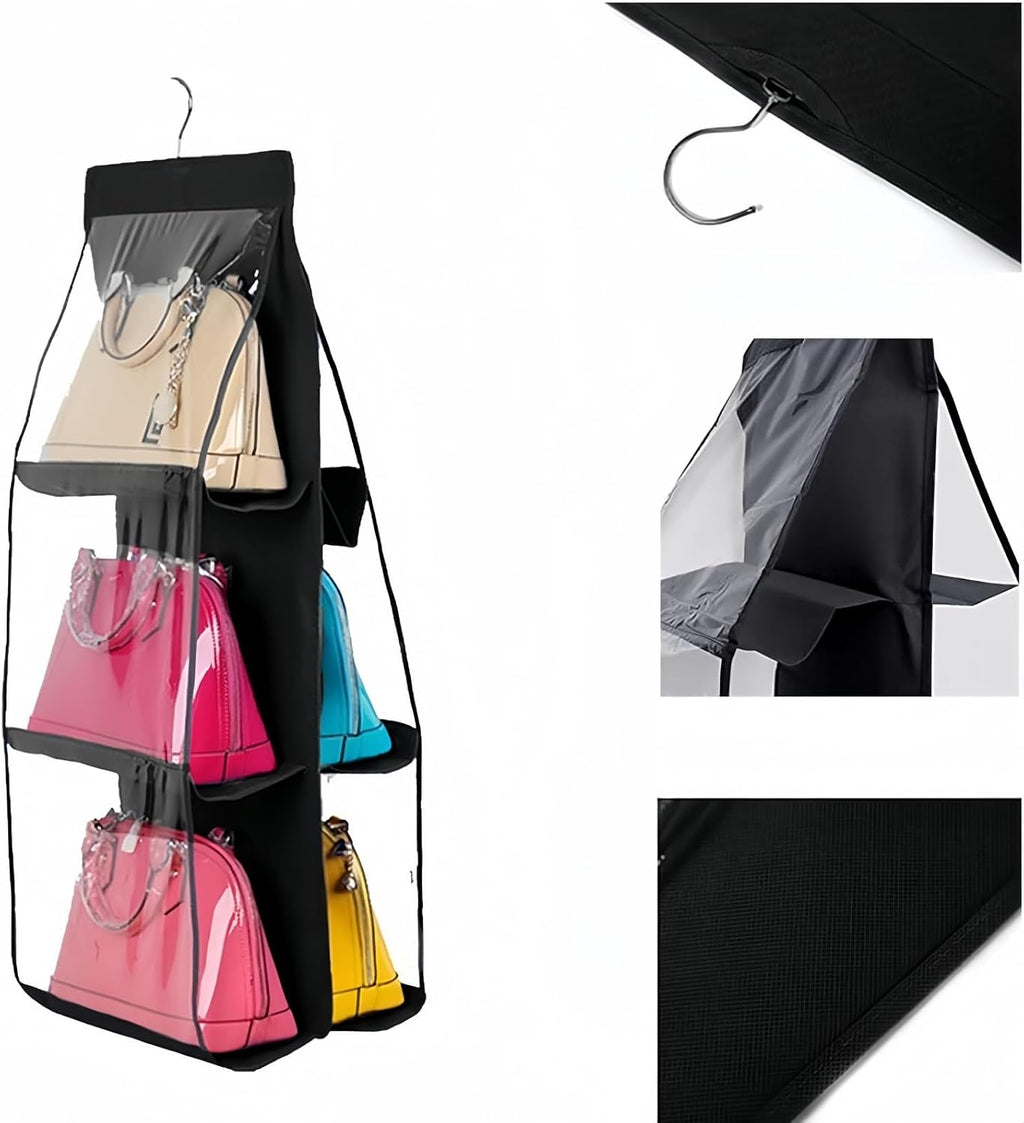HAN SHENG 6-Pocket Clear Hanging Purse Organizer for Closet, Black, 2 Pack