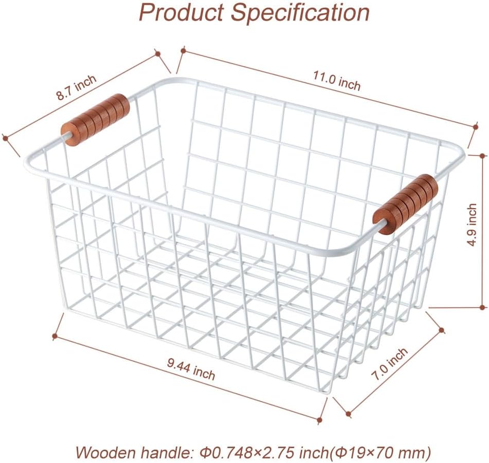 JUNCHU CHERRY Wire Kitchen Storage Basket 2 Packs,Perfect Pantry Organization Accessories Baskets,Laundry Basket,With a Wooden Handle,Suitable for Kitchen,Bathroom,Bedroom,Tabletop,Stackable,White