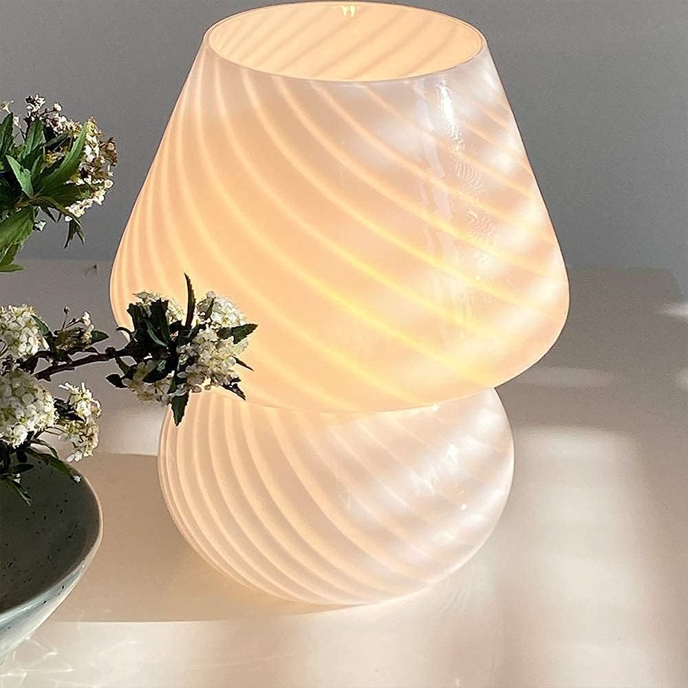 Translucent Table Mushroom Lamp Italian Style Modern Striped Glass Bedside Lamps Desk Light, Used for Baby Home Decoration of Dining, Living, Study,Gift
