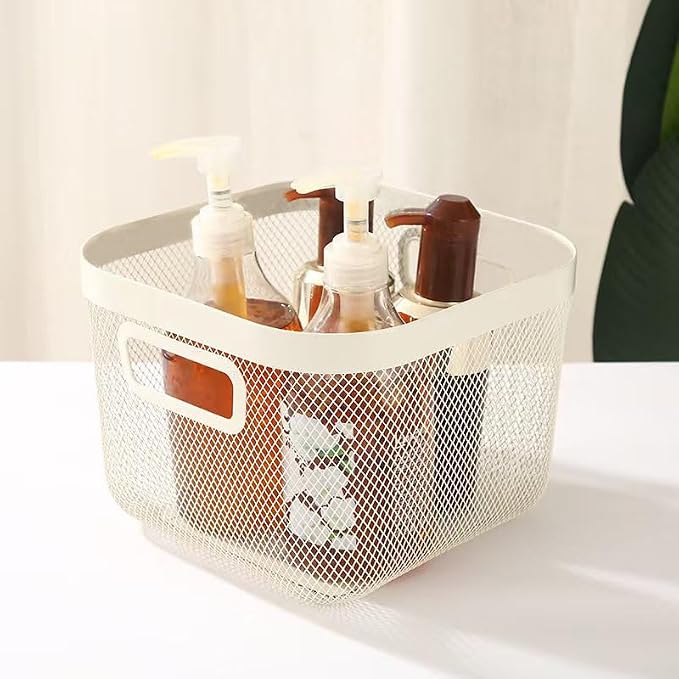 AJIODA Metal Mesh Steel Baskets, Household Wire Storage Organizer Bin Garden Harvest Basket Multi-functional Fruit Baskets with Handles for Kitchen Bathroom Picnic Shopping Decor Cabinet Home, White