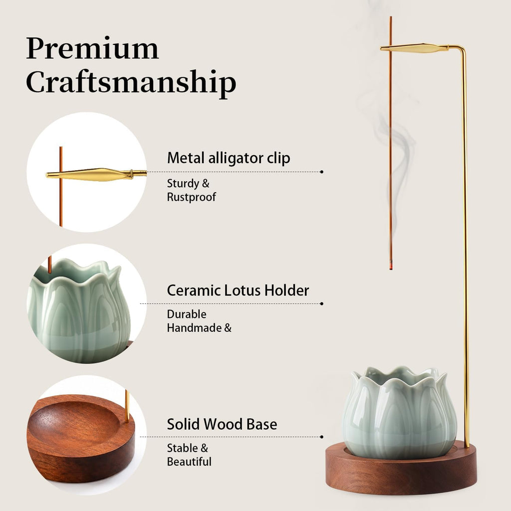 Incense Holder for Sticks with Ceramic Ash Catcher Wooden Base