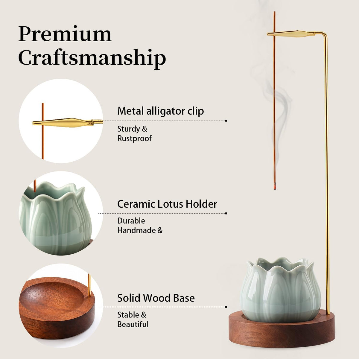 Incense Holder for Sticks with Ceramic Ash Catcher Wooden Base