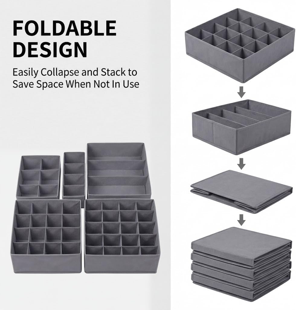 SUREMAX 5-Pack Underwear Drawer Organizer for Socks, Bras, Ties, Grey