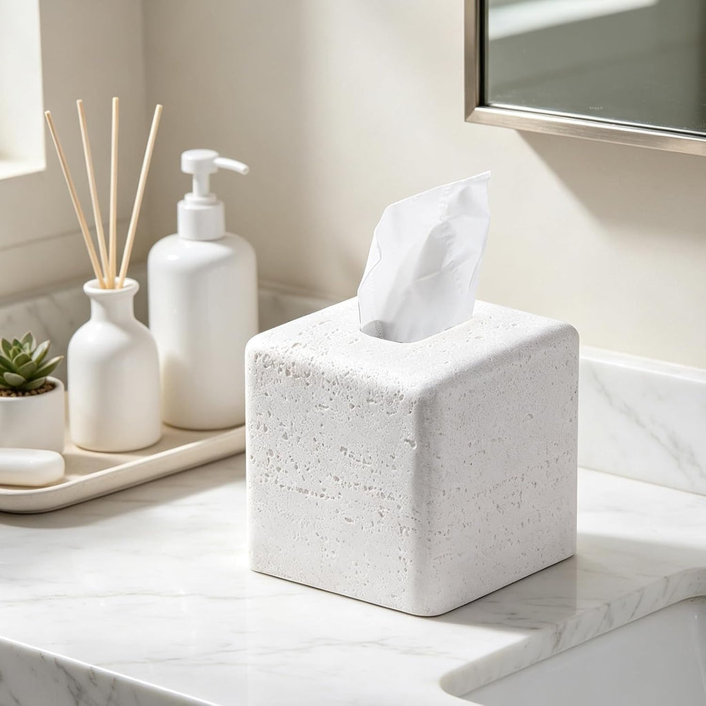 Travertine Look Square Tissue Box Cover for Bathroom Counter, Nightstand