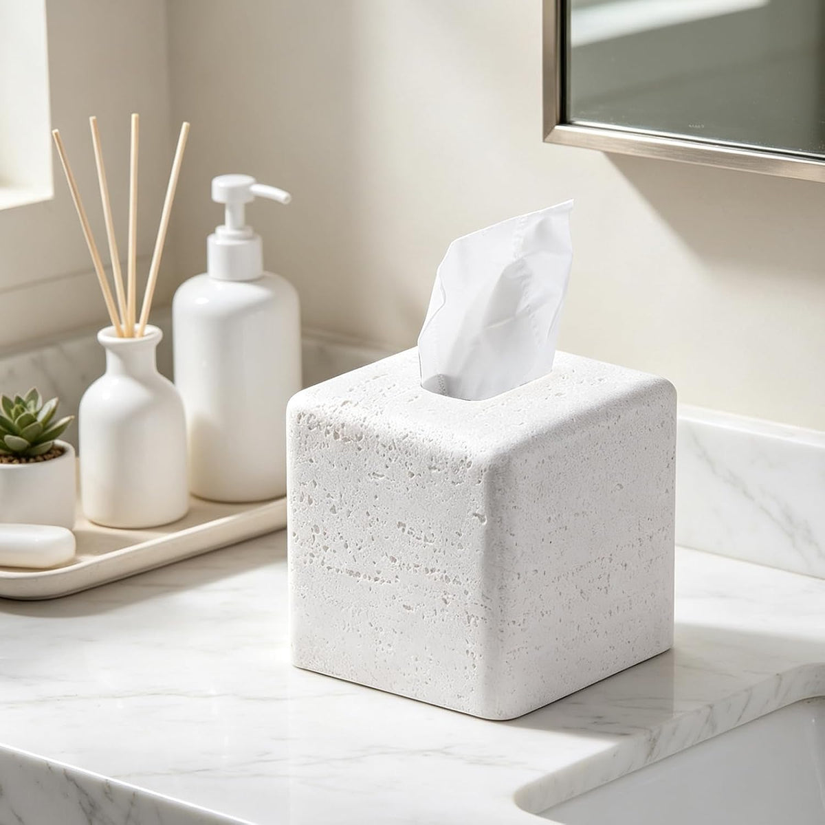 Travertine Look Square Tissue Box Cover for Bathroom Counter, Nightstand