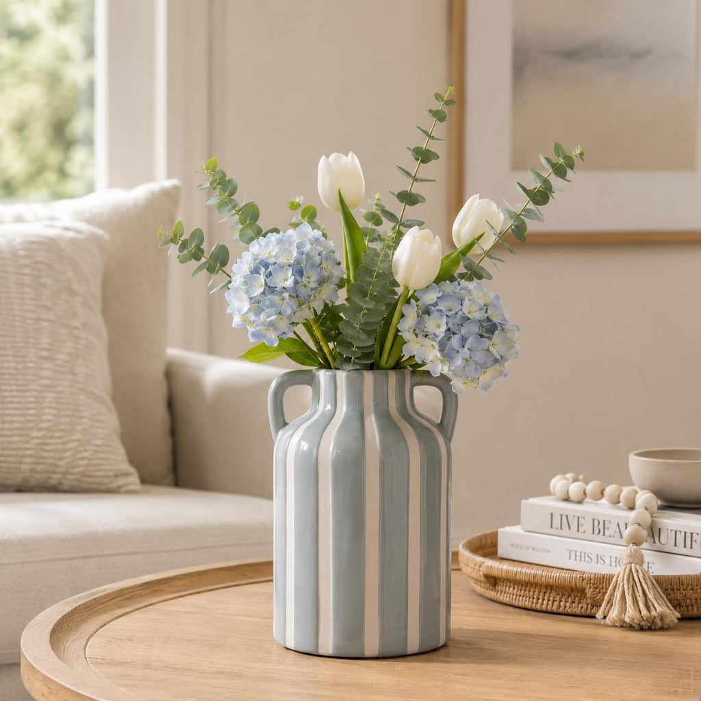 SURE YUESI Grey Ceramic Vase with Handles, Modern Farmhouse Striped Decorative Vase, 9.1" Art Deco Tall Flower Vases for Pampas Grass, Shelf Decor, Dining Table Centerpiece, Living Room Home Decor