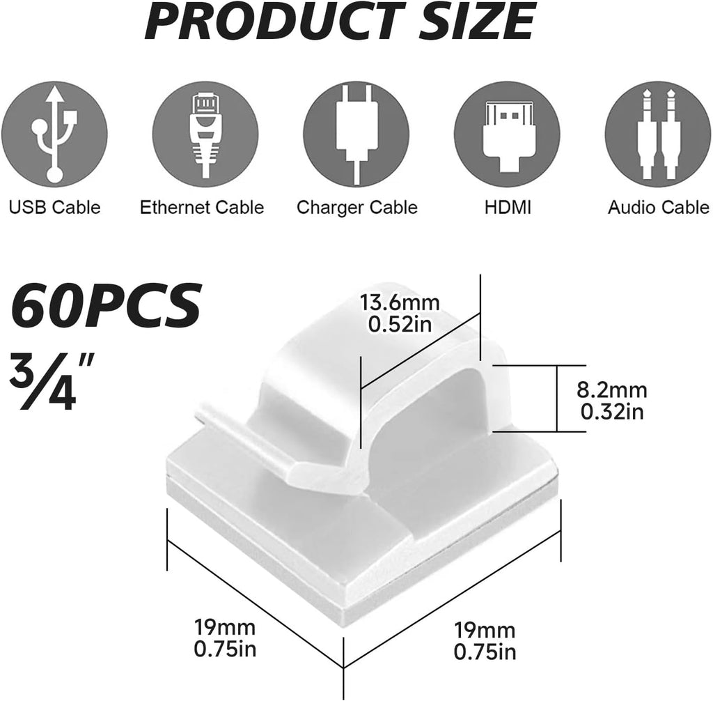 3/4 in Adhesive Cable Clips, 60pcs Outdoor Light Clips, Cord Clips, Sturdy Wire Clips, Finisher Wire Clamp for Home, Car, Office Wire Management Clips (White, 3/4"-60PCS)